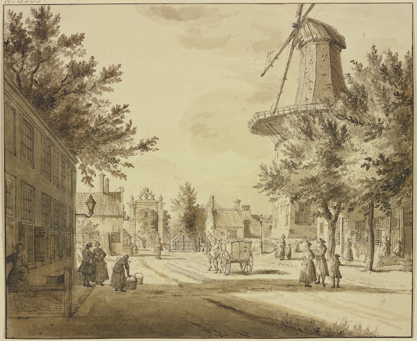 Straßenansicht bei einem Stadttor rechts eine Windmühle