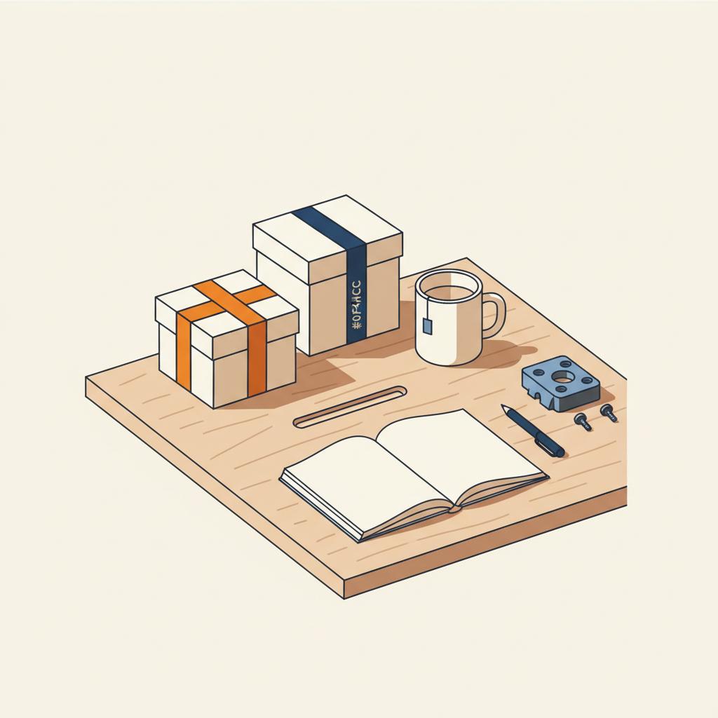 Minimalistisches 2D-Vektor-Stillleben in einem industriell geprägten Wohnzimmer: Geschenke, Tasse und Notizbuch auf Werkbank-Oberfläche als Idee für weihnachtsgeschenke kollegen.