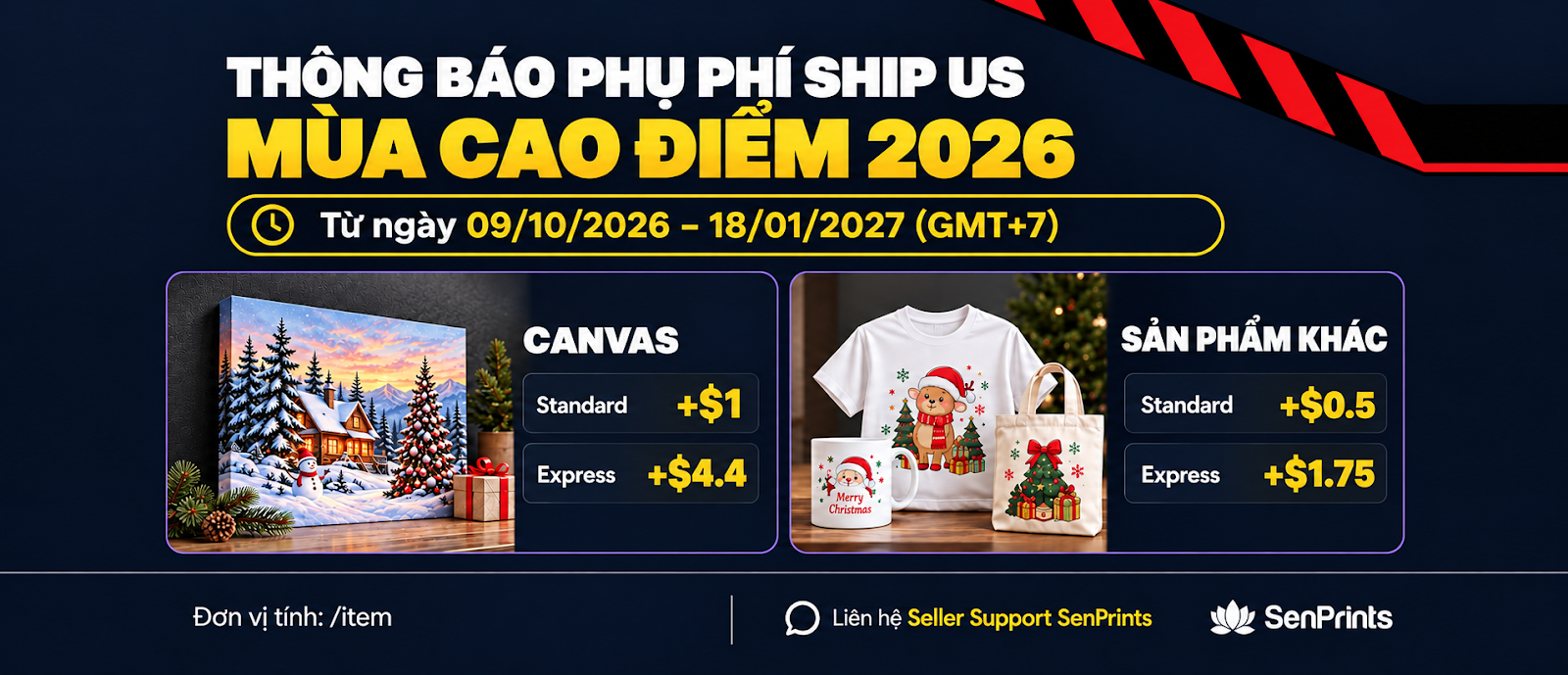 Thông báo phụ phí ship US mùa cao điểm 2026 - Canvas +$1/+$4.4, sản phẩm khác +$0.5/+$1.75 mỗi item