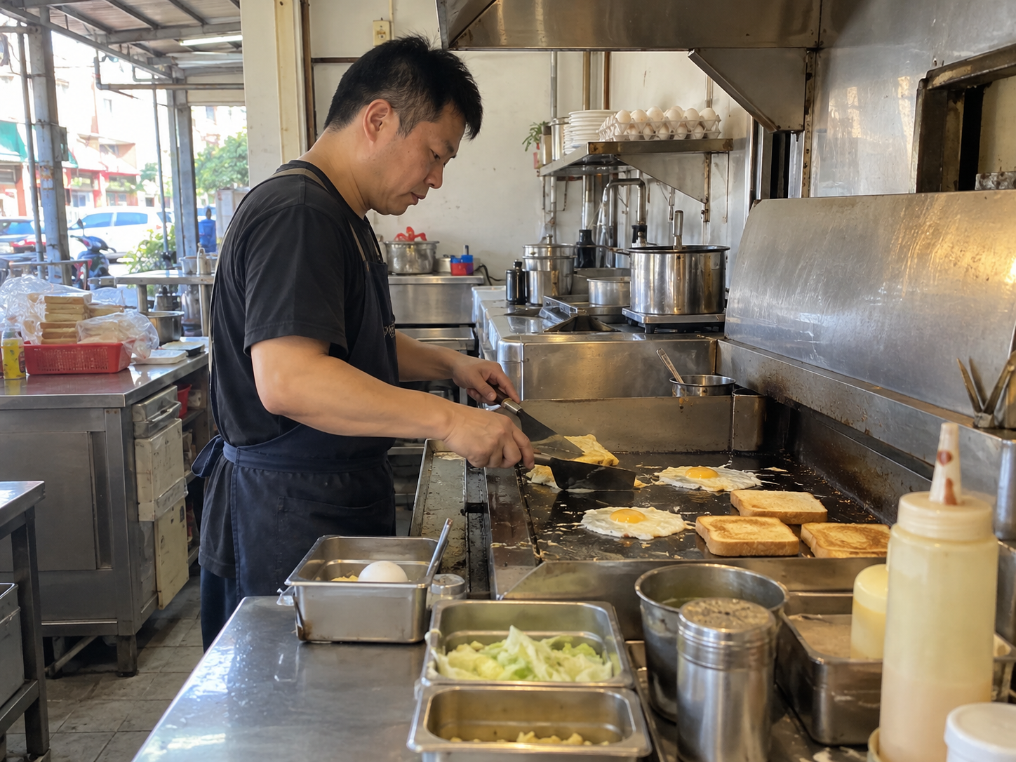 早餐店老闆清晨在煎台製作蛋與吐司