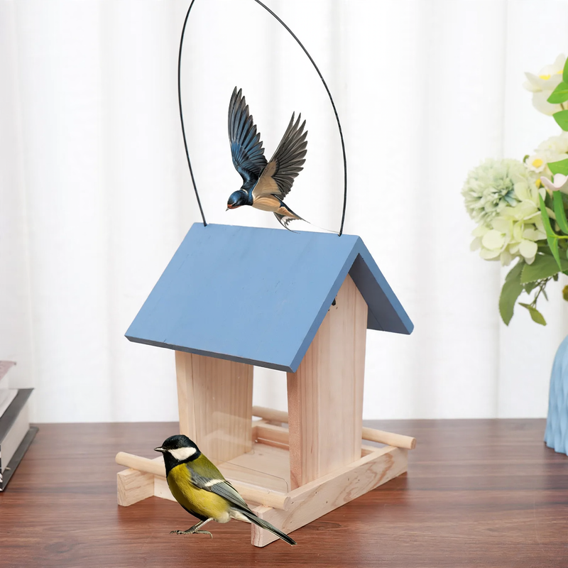 Wooden Birdhouse with Hanging Feeding Station