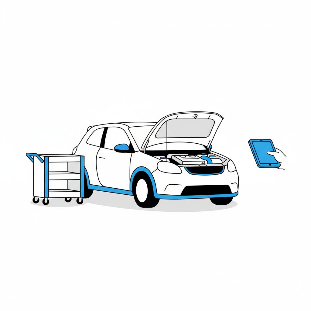 Minimal vector illustration of a car with open hood in a clean garage for pre purchase inspection representing volkswagen car dealerships near me