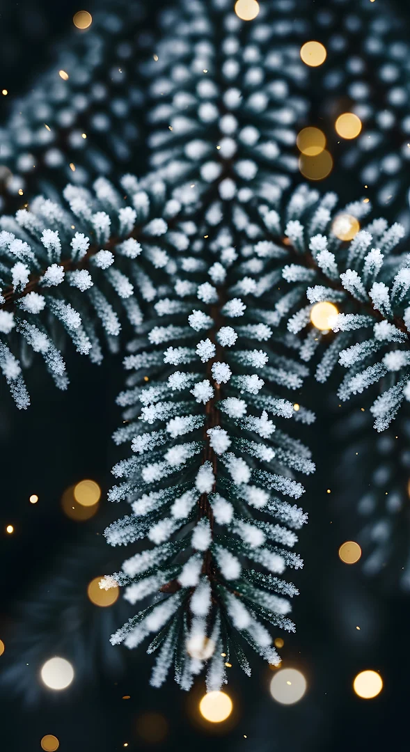 Frosted Pine Tree Branch with Golden Bokeh Lights