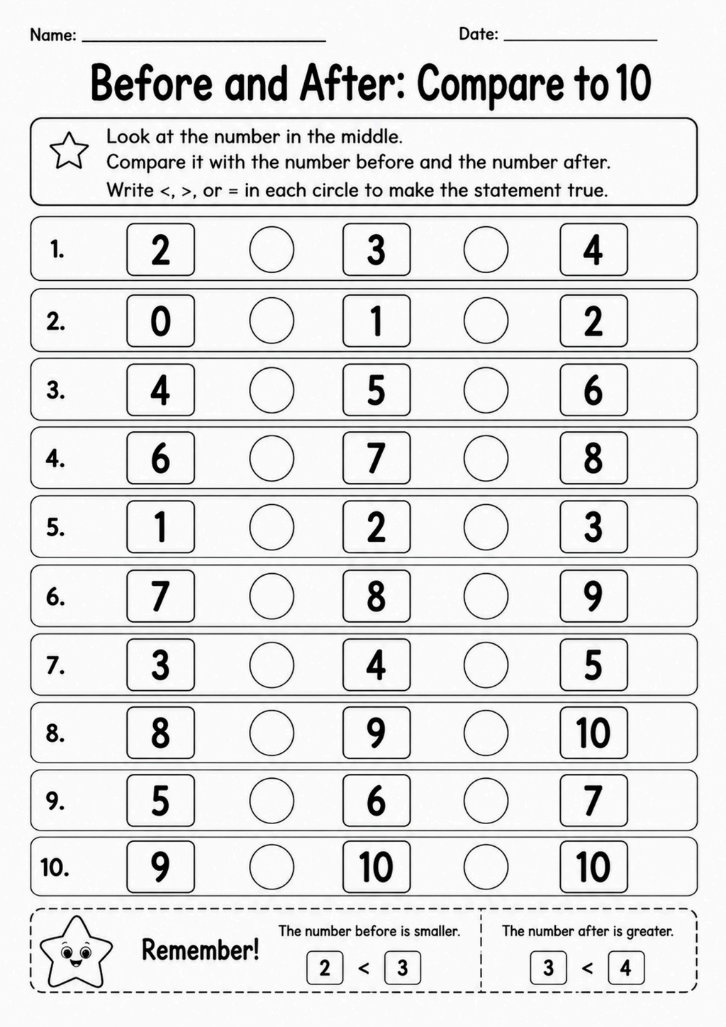 Compare Before and After Numbers to 10 Worksheet