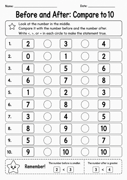 Compare Before and After Numbers to 10 Worksheet
