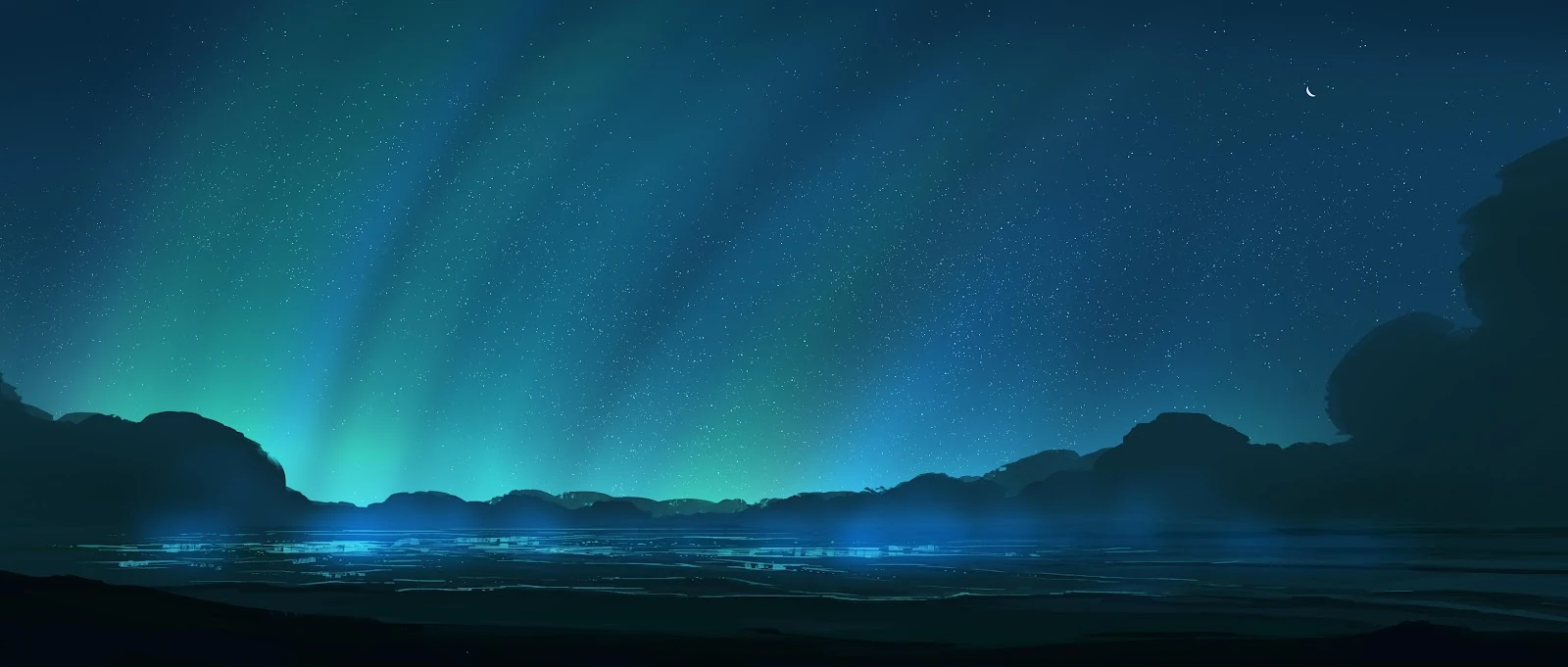 Aurora Borealis Over Mountain Waters - Digital Landscape Art 4K Wallpaper (5640x2400)