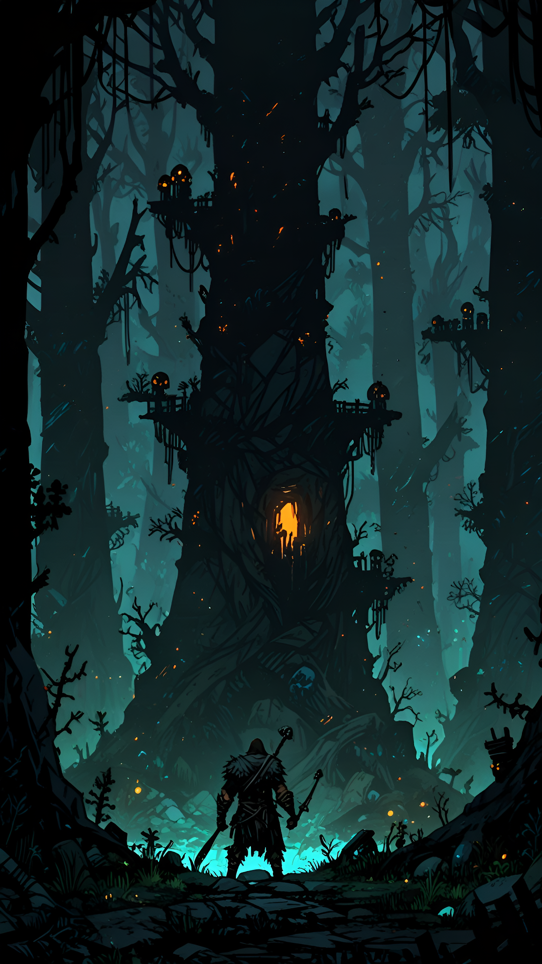 Dark Fantasy Forest Warrior Haunted Tree Structure - Free 4K mobile Wallpaper