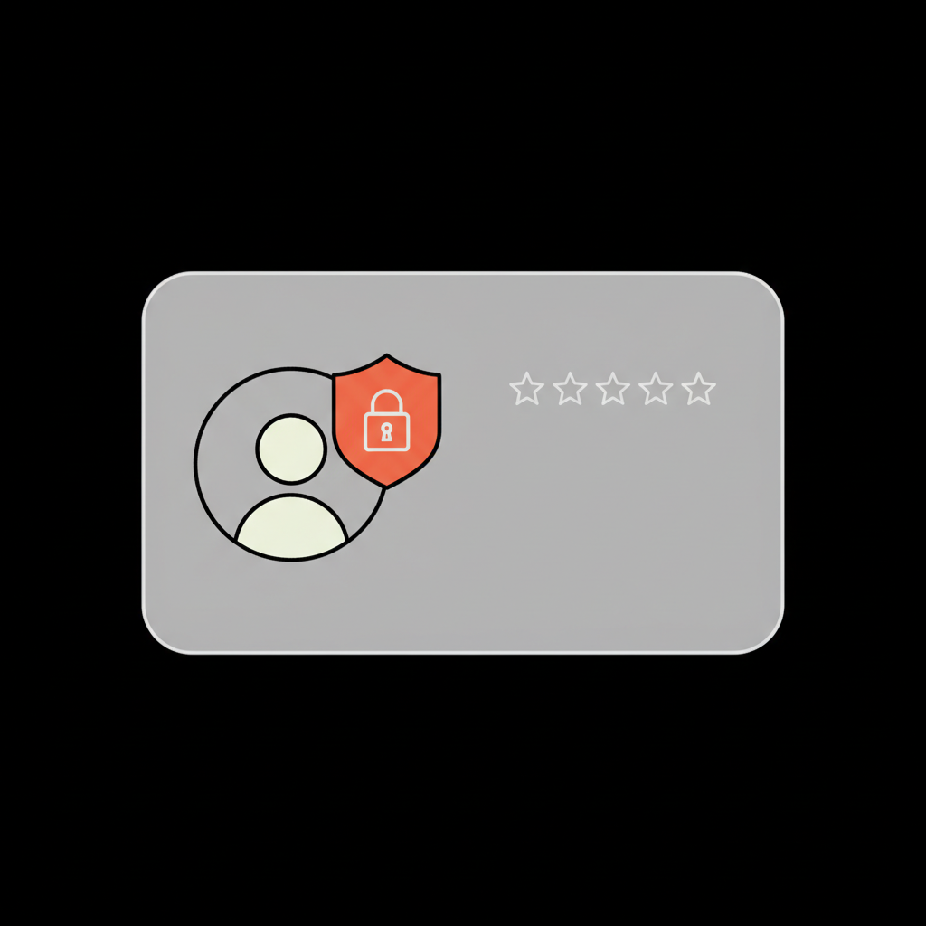 Minimal 2D vector infographic of a Google review card with a masked profile icon and privacy shield overlay, illustrating how to make Google reviews private.