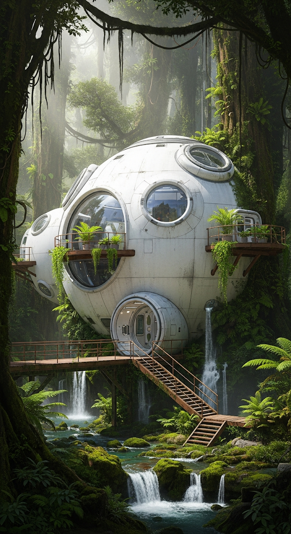 Futuristic Spherical Eco-Home in Lush Tropical Jungle