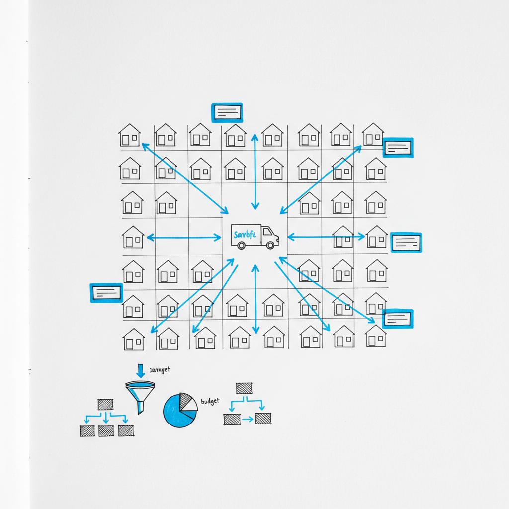 Notebook with neighborhood marketing sketches: houses linked to central van, sticky notes for offers and referrals to advertise my house cleaning services