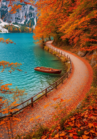 Autumn Path by Turquoise Lake with Rowboat