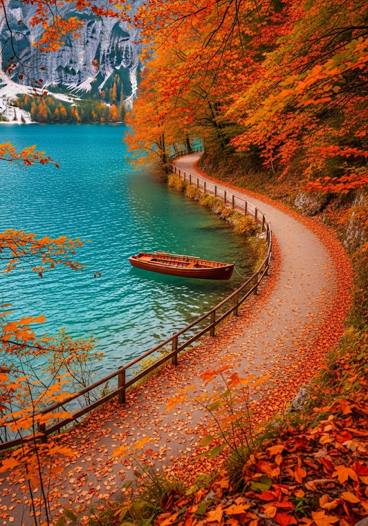 Autumn Path by Turquoise Lake with Rowboat