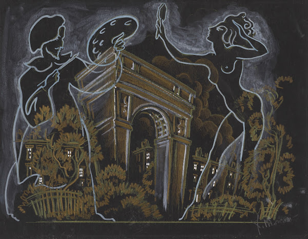 Vaudeville Artist and Nude Model Outlined over Image of Washington Square Park A