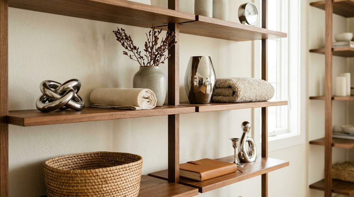 How to Style Chrome Decorative Objects on Open Wood Shelves - chrome wood textile and neutral color palette mood board