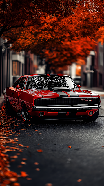 Red Muscle Car Under Fiery Autumn Trees
