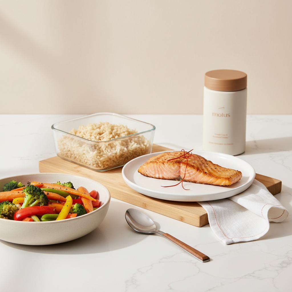 Minimalist daylight kitchen scene showing a metabolic food plan: bowl of roasted vegetables, portioned brown rice, grilled salmon and Motus supplement bottle placed in the background.