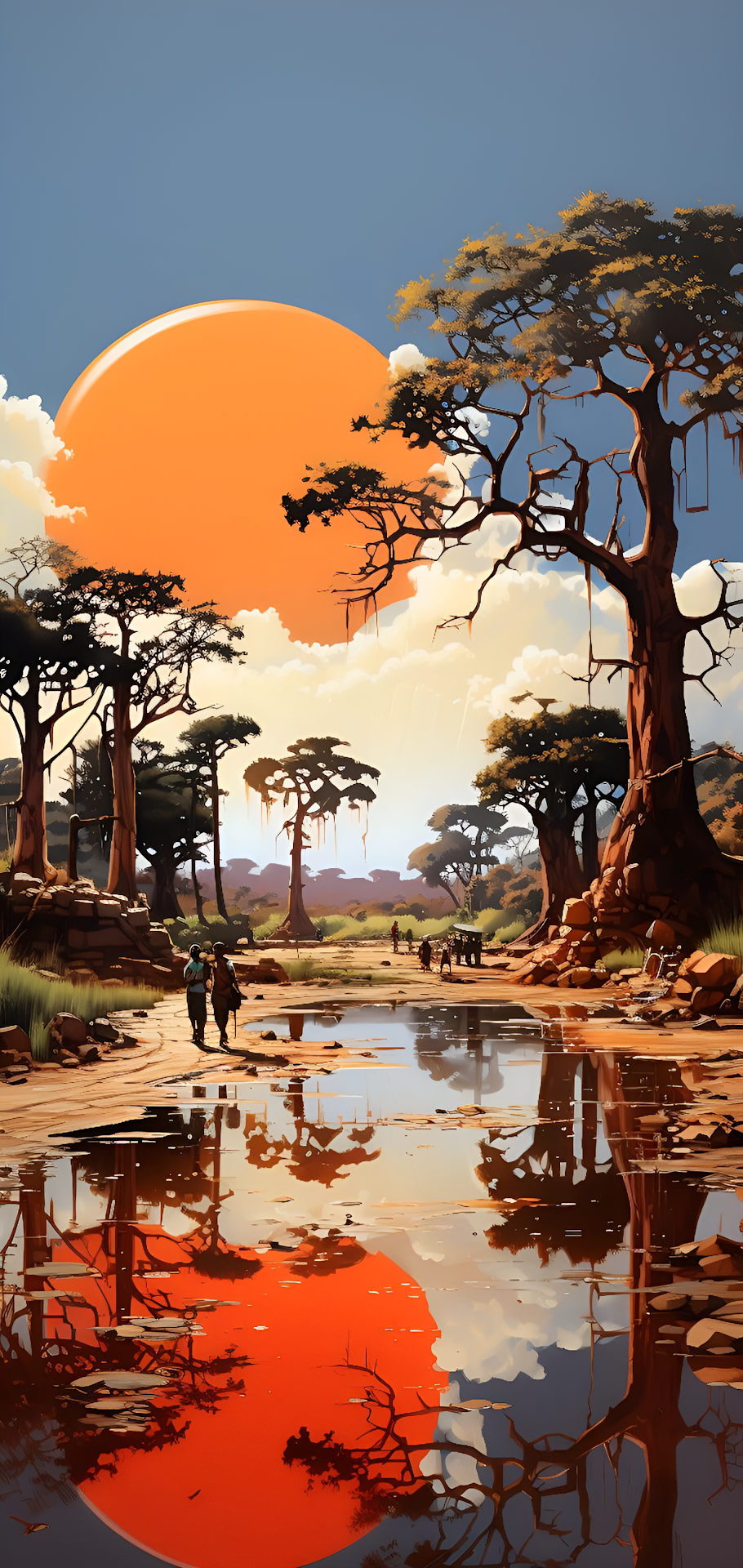 Savanna Baobab Trees Orange Sun Reflection Art - Free 4K mobile Wallpaper