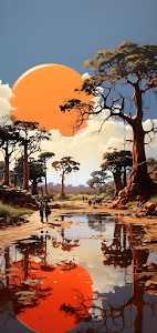 Savanna Baobab Trees Orange Sun Reflection Art