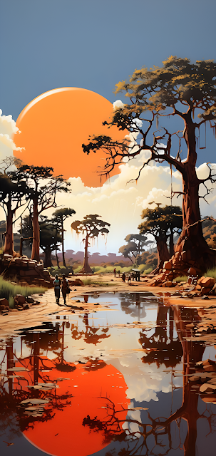 Savanna Baobab Trees Orange Sun Reflection Art - Free mobile Wallpaper