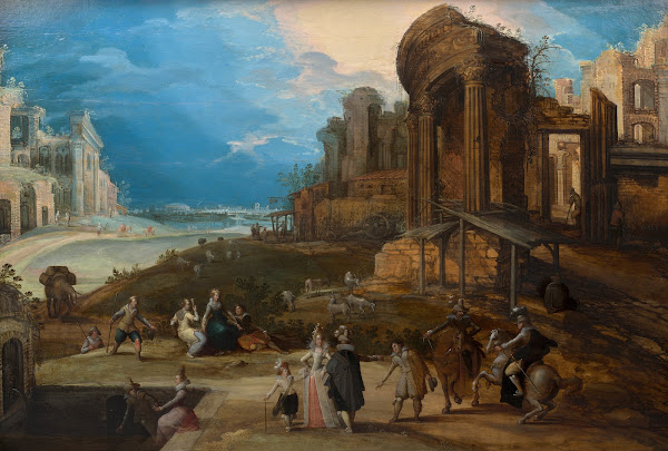 Scène galante dans des ruines romaines avec le temple de Vesta