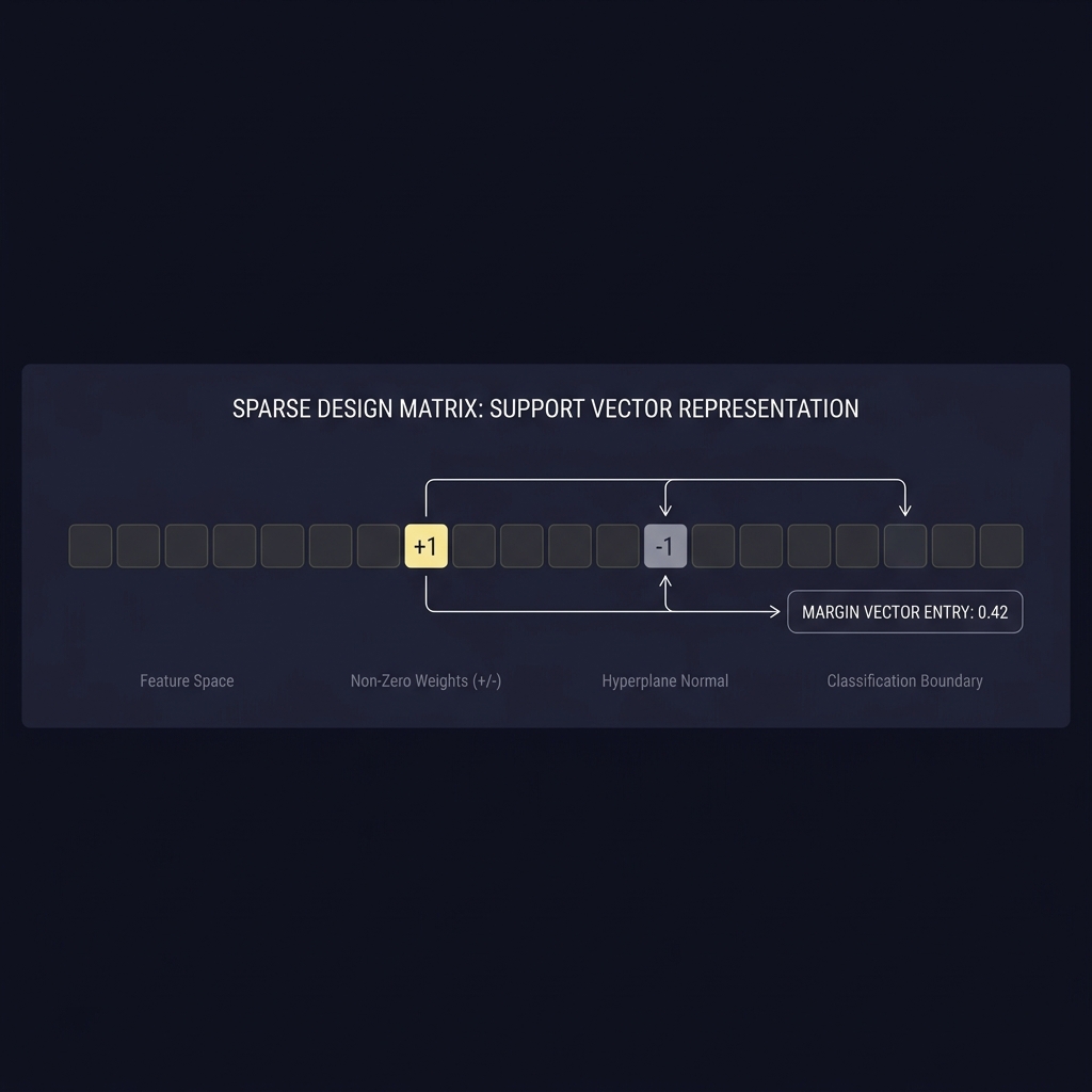 Building Power Ratings from Basic Data minimalist diagram of a sparse design matrix row showing highlighted plus one and minus one entries mapped by arrows to a margin vector entry on a dark Funded Plays branded background