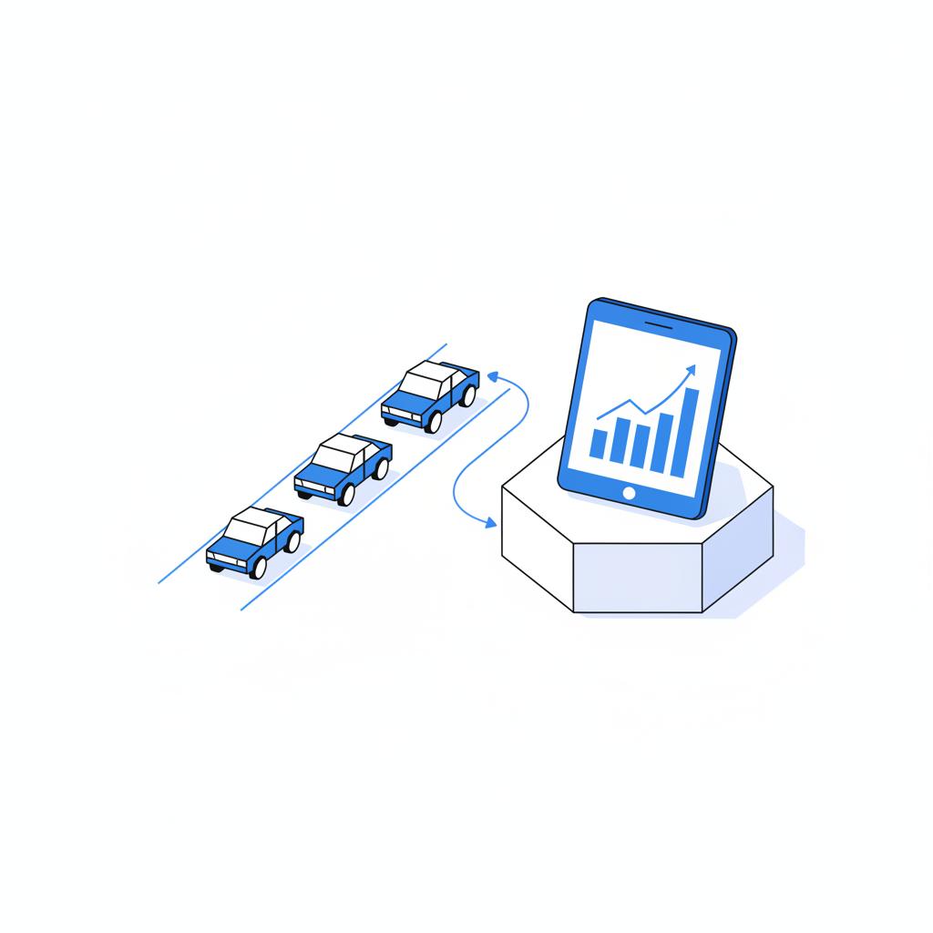 Minimalist 2D vector showing auction lane with cars and a tablet displaying wholesale index chart linking to new car sales pricing