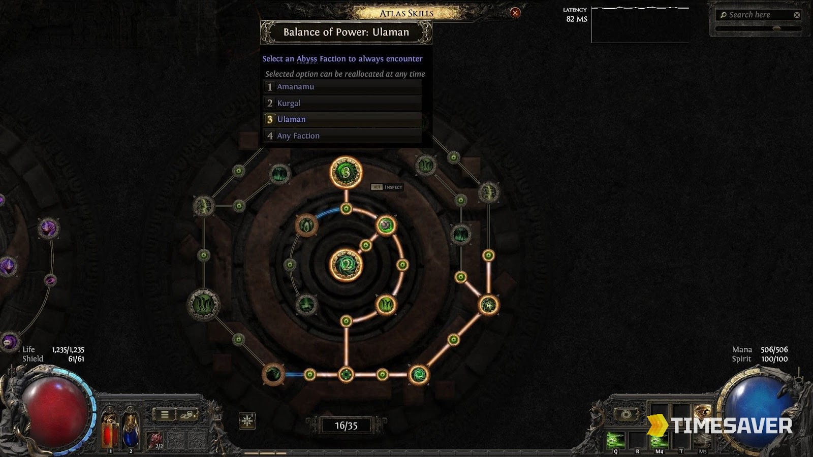 PoE2 Atlas Skills panel — Select an Abyss Faction (Amanamu, Kurgal, Ulaman) to always encounter