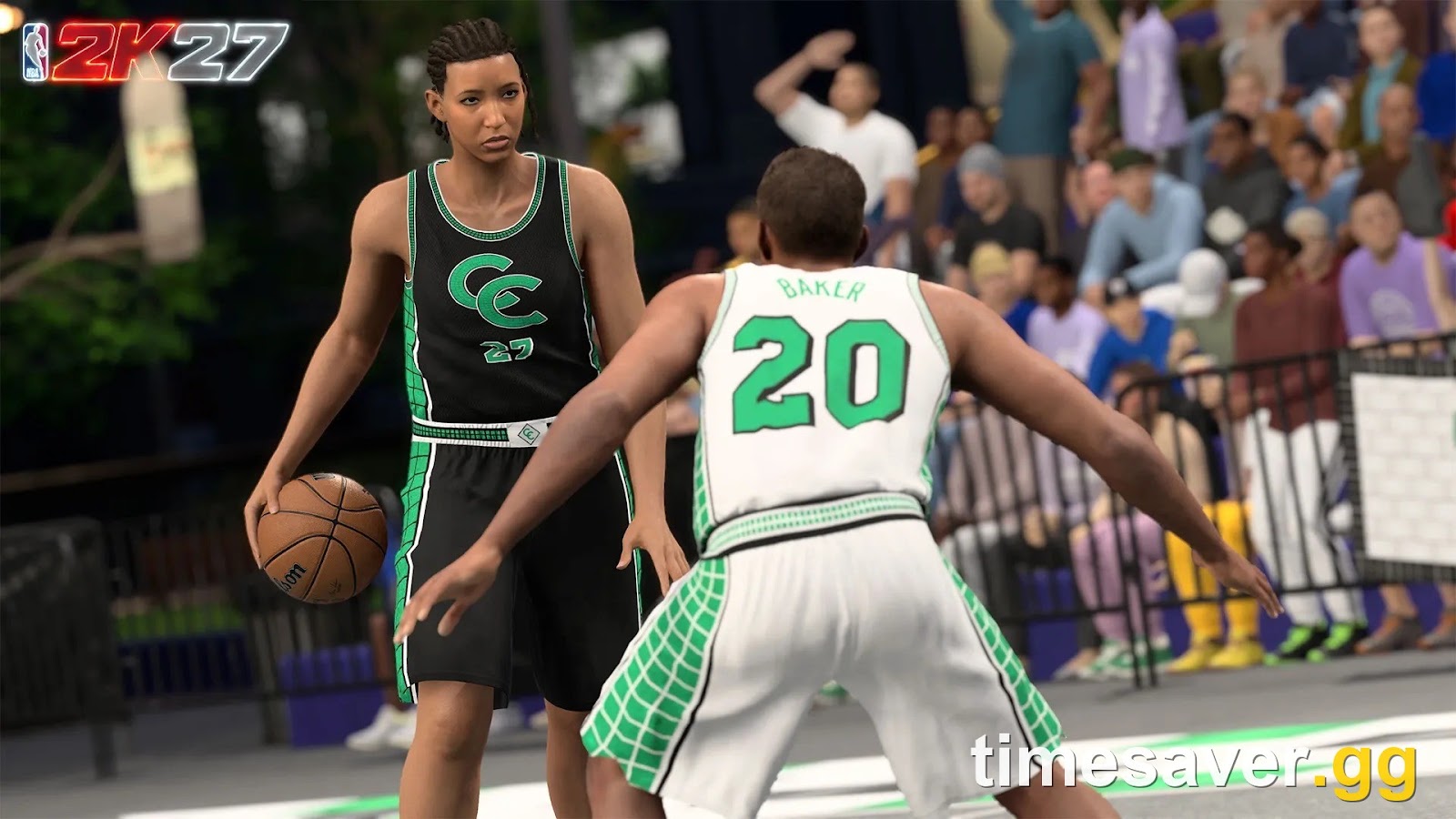 NBA 2K27 MyPLAYER ball handler sizing up an on-ball defender on a City street court