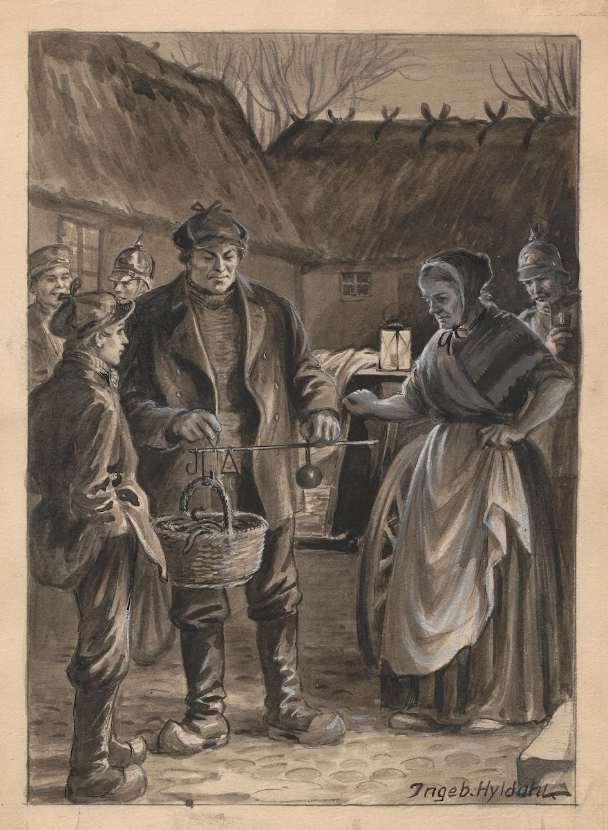 In a courtyard eels are being weighed on a balance scale 20th century