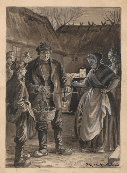 In a courtyard eels are being weighed on a balance scale 20th century
