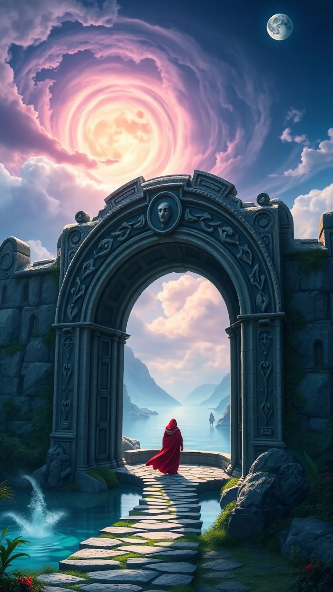 Red cloaked figure stands beneath ancient arch under swirling sky - Free 4K mobile Wallpaper