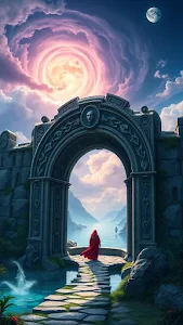 Red cloaked figure stands beneath ancient arch under swirling sky