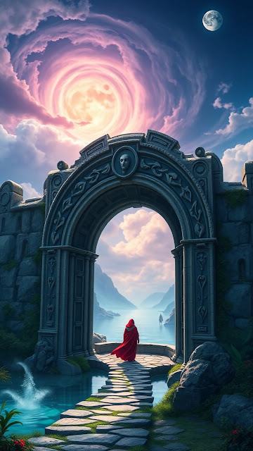 Red cloaked figure stands beneath ancient arch under swirling sky - Free mobile Wallpaper