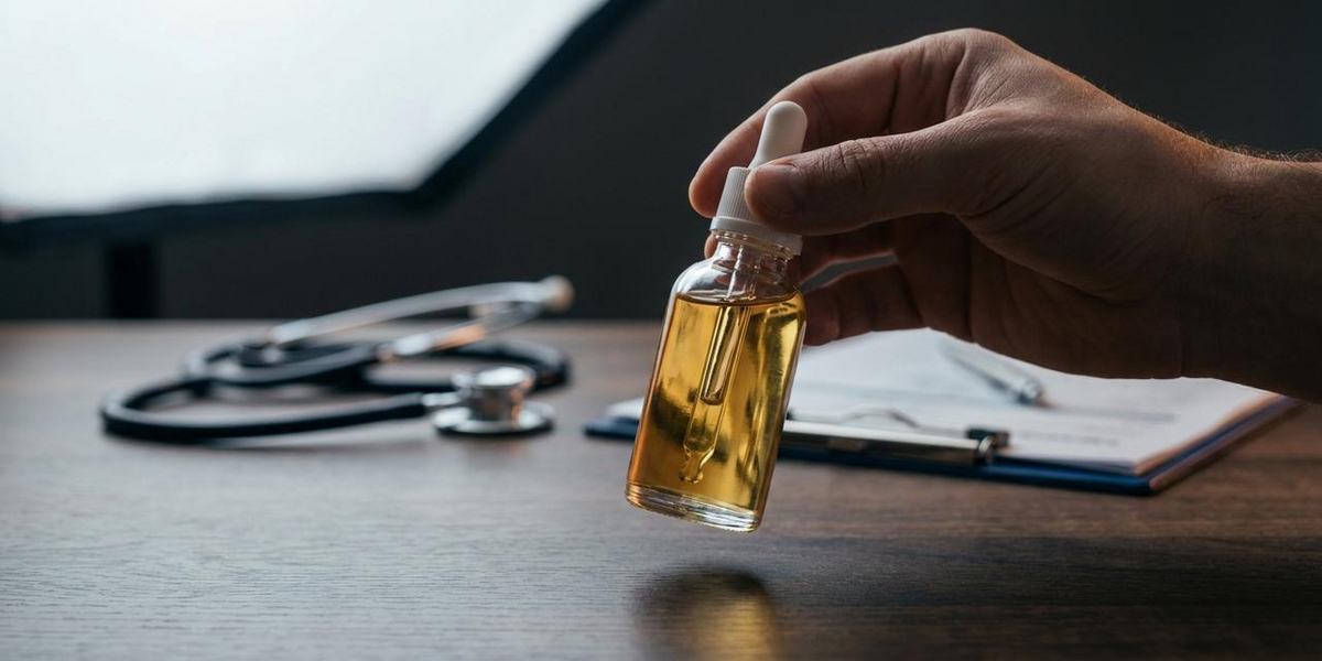 Concetto di sicurezza e rischi del CBD: mano con olio e simboli di attenzione medica