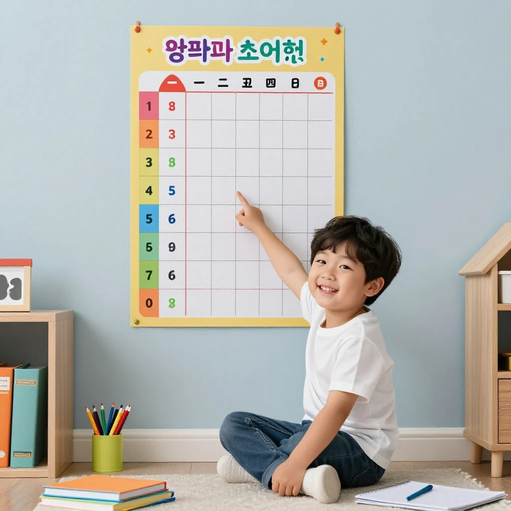 초등학교 1학년 아이가 벽에 붙은 하루 루틴표를 보며 공부 습관을 실천하는 모습