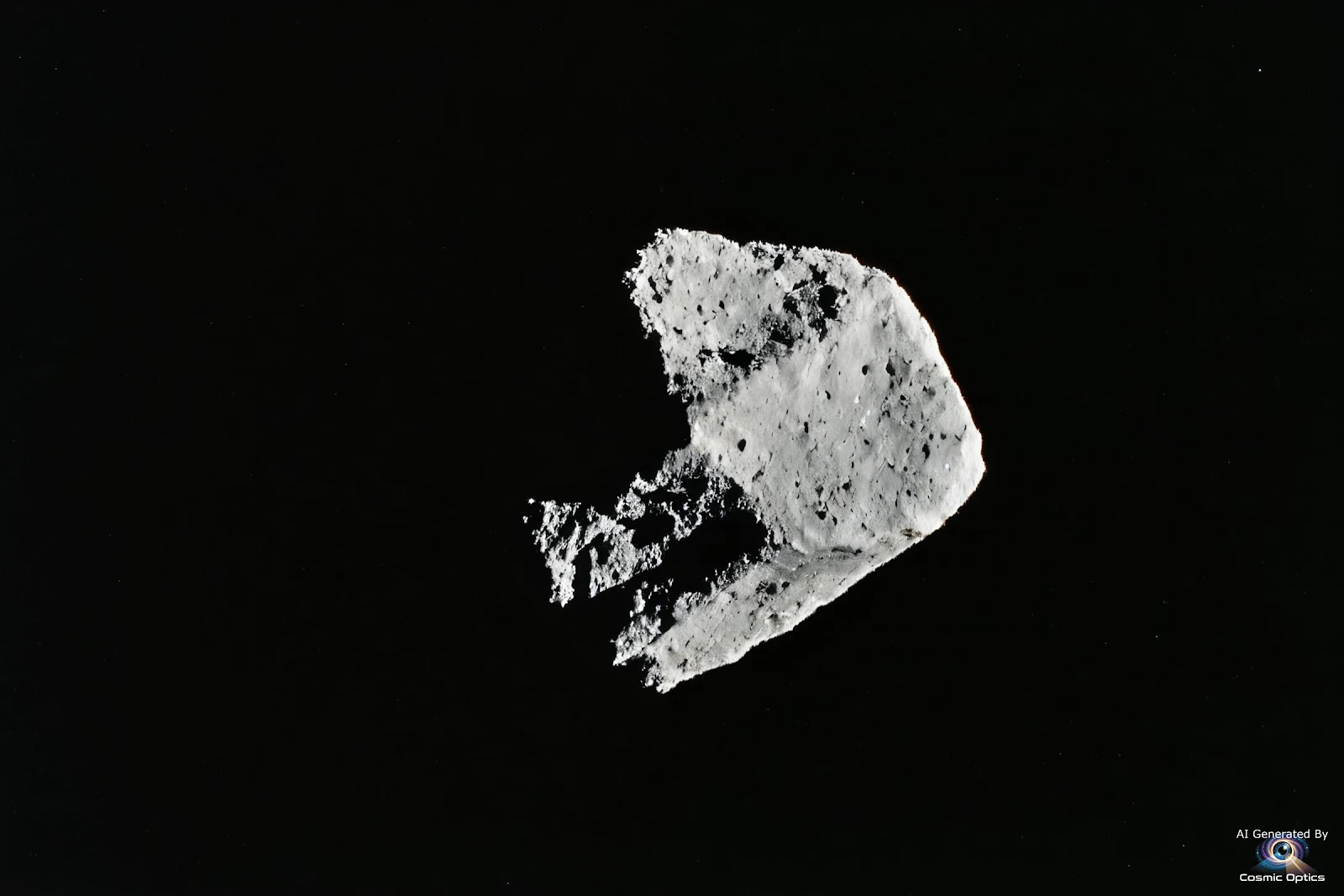 An authentic, true-color NASA photograph of a photograph of a rocky asteroid rotating in the dark vo_00003