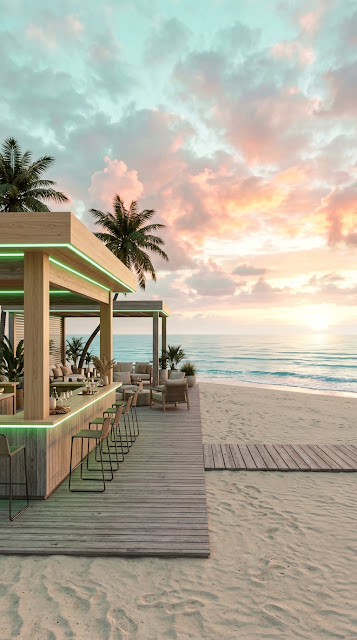 Serene Beachside Lounge at Dawn with Pastel Skies and Neon Accents - Free mobile Wallpaper