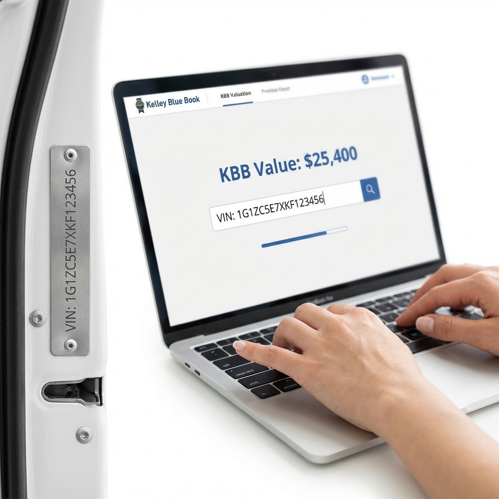 Close up of a VIN plate and hands typing a VIN into a laptop displaying a KBB valuation page for vin lookup kbb