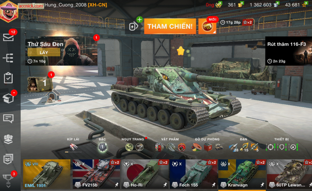 Bán acc wot blitz khủng 22 xe có sẵn, 8 tank cấp 10 như: FV...