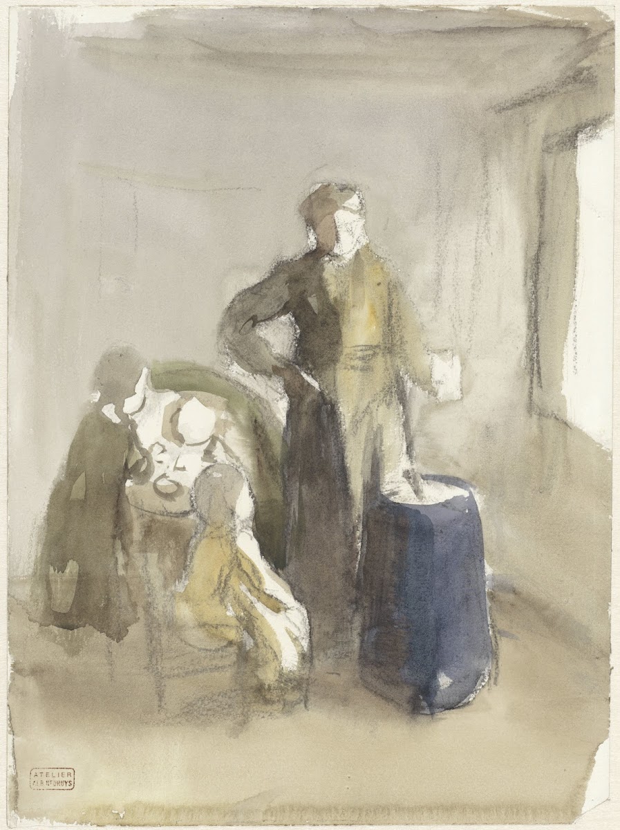 Interieur met vrouw en kinderen bij een karnton 1854   1914