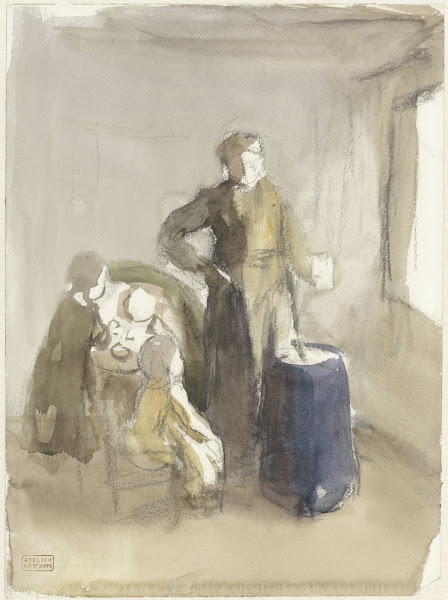 Interieur met vrouw en kinderen bij een karnton 1854   1914