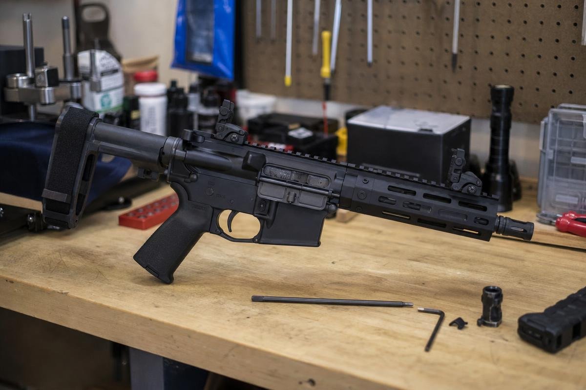 AR-15 pistol configuration with backup sights and pistol brace