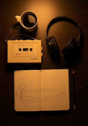 Cassette Player Coffee Sketch Flat Lay