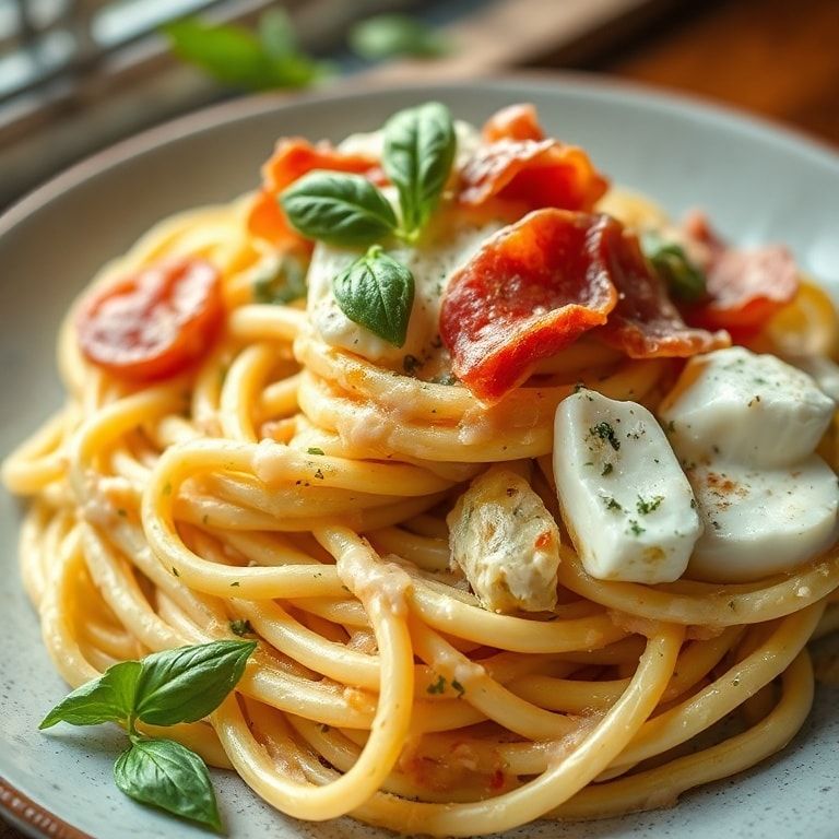 Creamy Basil Garlic Pasta with Burrata and Prosciutto: Quick Homemade Dinner finished