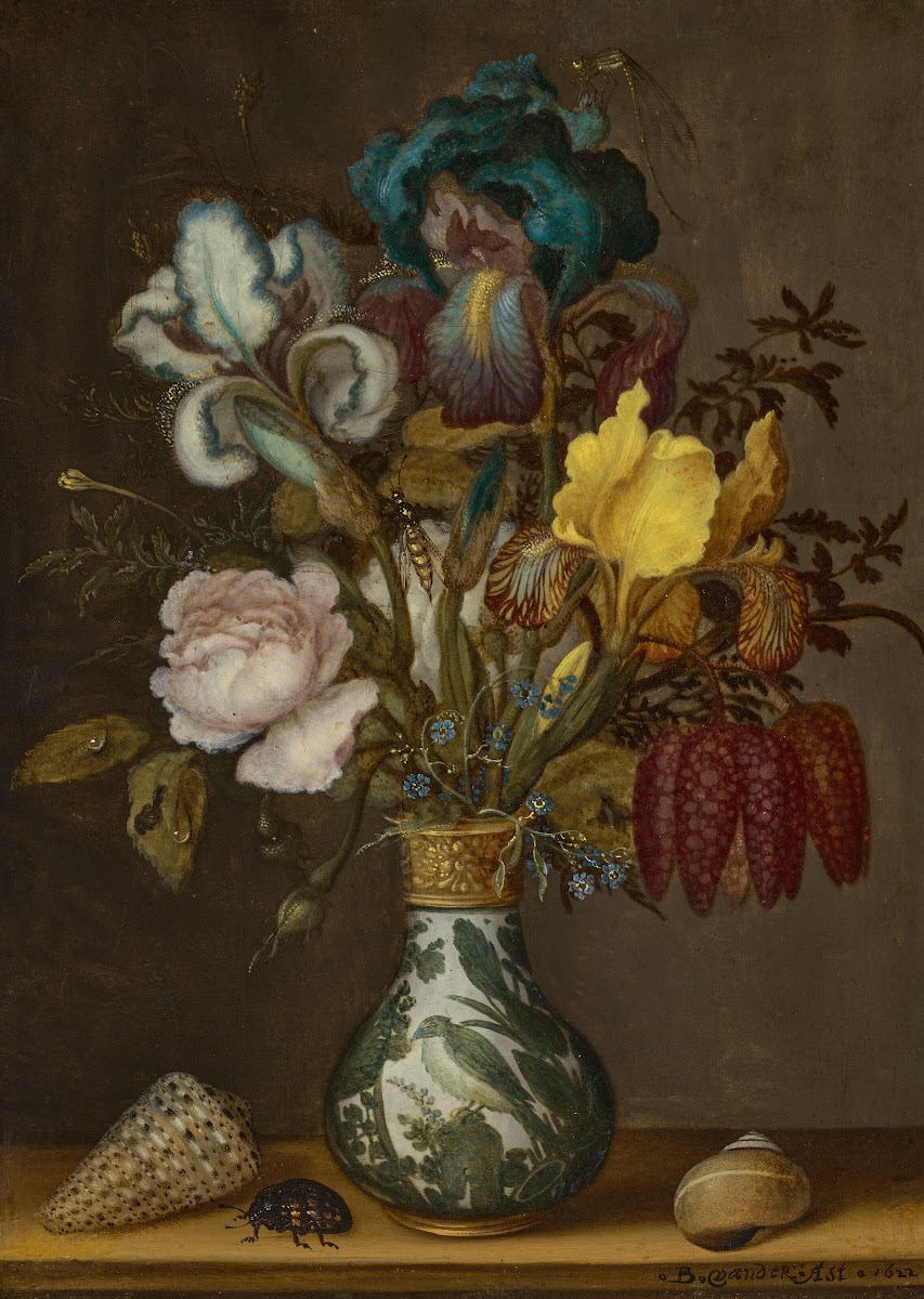 Irises roses fritillaries and forget me nots in a Wanli vase with two shells and