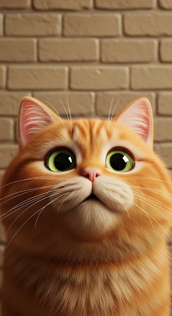 Fluffy Orange Cartoon Cat Peeking Against Brick Wall - Free mobile Wallpaper