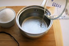 Cho vào chảo gồm: 1 chén nước, 200g đường, chẻ đôi trái vani, dùng mũi dao cạo lấy phần hạt trong trái cho vào nồi sau đó thả luôn cả trái vào, đun sôi và đường tan thì tắt bếp để nguội. Vớt bỏ vỏ vani cho vào hũ dùng dần.