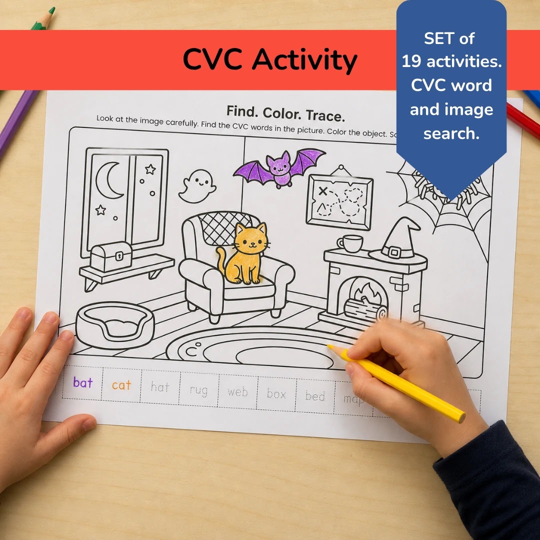 CVC Word Search Find Color Trace Activity Set Bundle for Kids