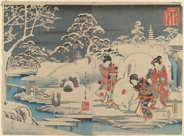 Three Women Making a Snow Rabbit in a Garden 1854