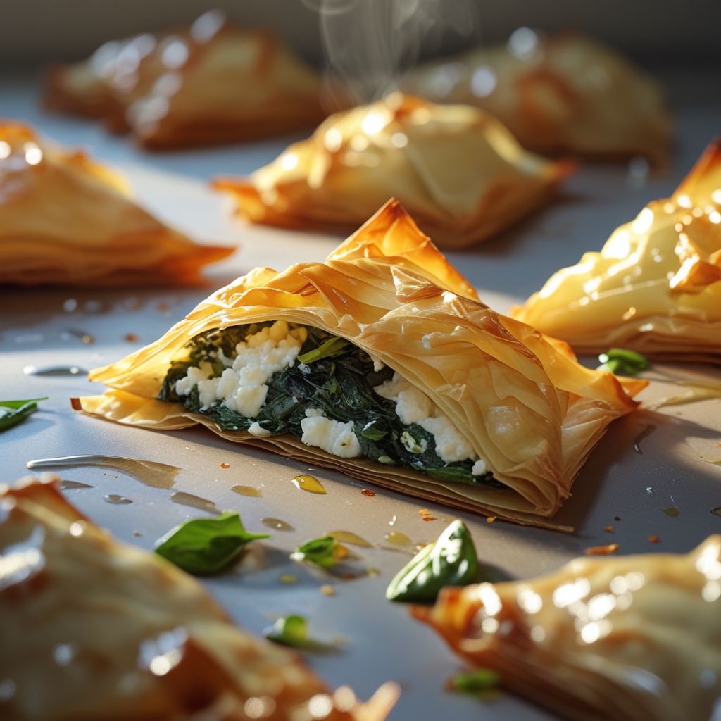 Final Filo-Crusted Feta & Spinach Protein Triangles with Dill-Lemon Yogurt Dip